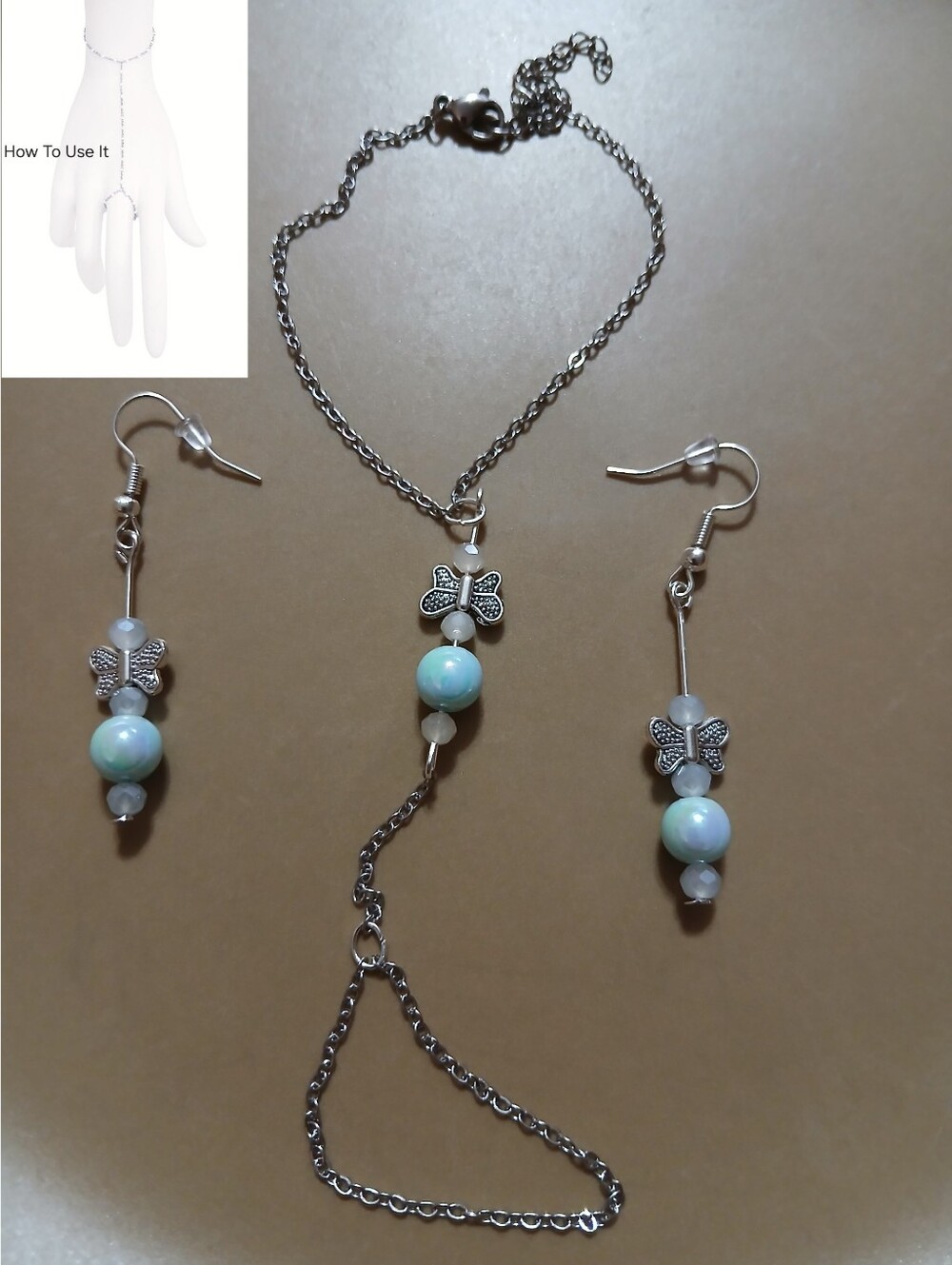 Delicate Silver-Tone Butterfly Bead Hand Chain and Earring Set - Mint Green